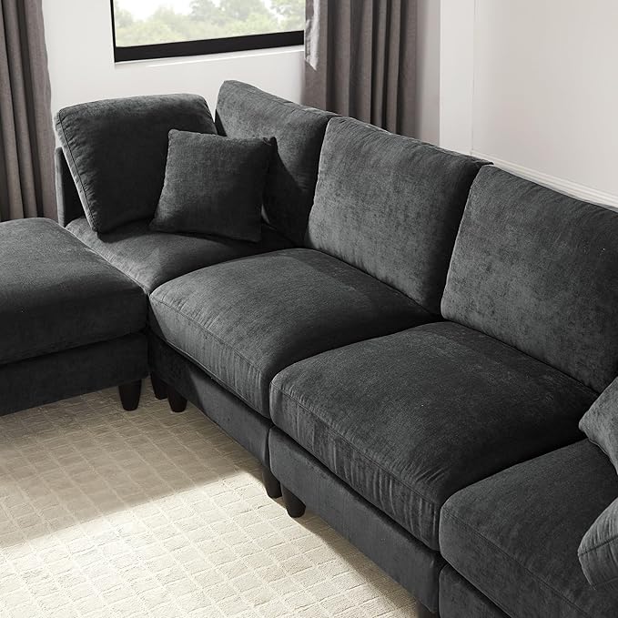 Modular Sectional Sofa Oversized Chenille Cloud Couch with Movable Ottoman 7 Seater Cloud Sectional Couch Convertible L/U-Shape and Sofa Bed Couches for Living Room Black