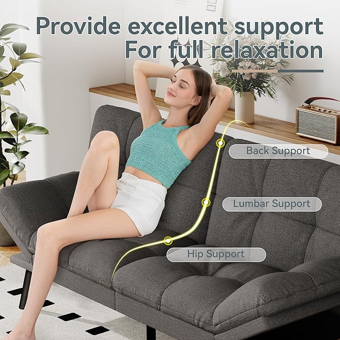 Opoiar Convertible Futon Sofa Bed Grey Linen Futon Couch with Adjustable Backrest &amp Armrests Folding Small Recliner Sleeper Sofa Bed for Living Room Apartment Office