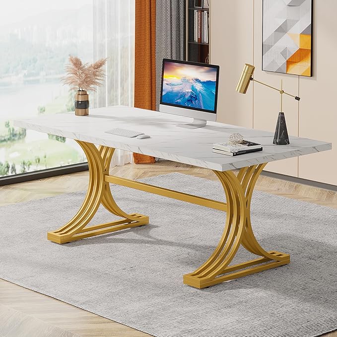 Tribesigns 63 White Gold Desk Modern Office Desks with Faux Marble Tabletop Large Modern Executive Desk Computer Desk with Trestle Legs