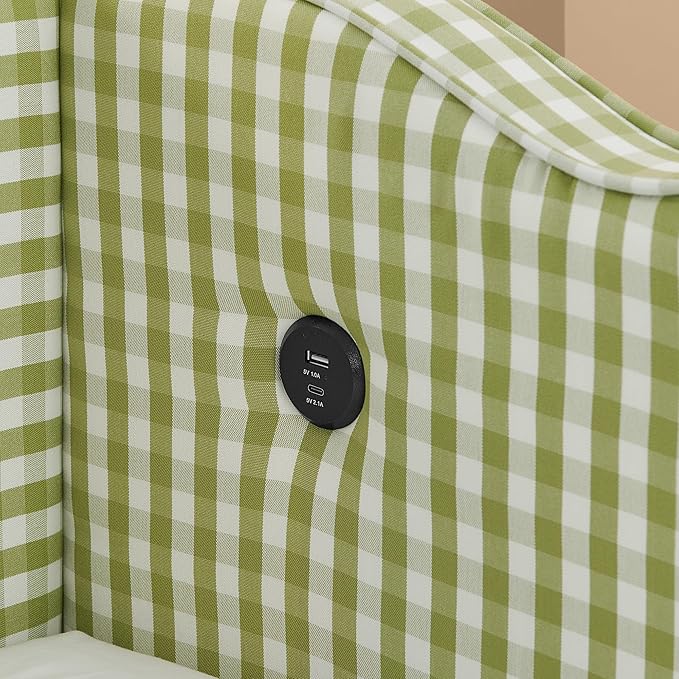 Cozy Gingham Daybed with Trundle Twin Size Sofa Bed No Box Spring Needed with USB Port and Adorable Wave Shaped Linen Fabric Navy (Green)