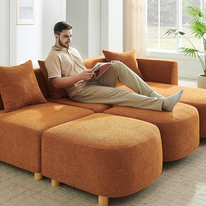 VANOMi 109.84 Modular Sectional Sofa with 3 Pillows Convertible 5-Seater Comfy Boucle Cloud Couch with Ottoman Modern Sectional Sofas for Living Room Office Apartment (Curry)