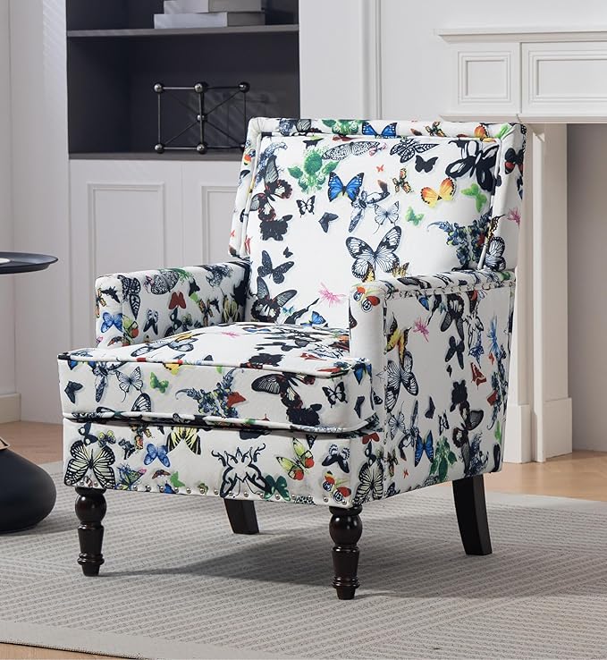 Vintage Upholstered Mid Century Accent Armchair with Solid Wood Frame &amp Plush Cushion for Living Room Bedroom Office - White with Butterflies