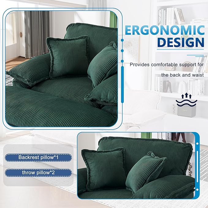 46.9 Oversized Chaise Lounge Chair Indoor with Ottoman Comfy Deep Seat Cloud Sofa Couch Reading Chair Modern Corduroy Upholstered Single Sofa Sleeper Chair for Living Room Bedroom Nursery(Green)