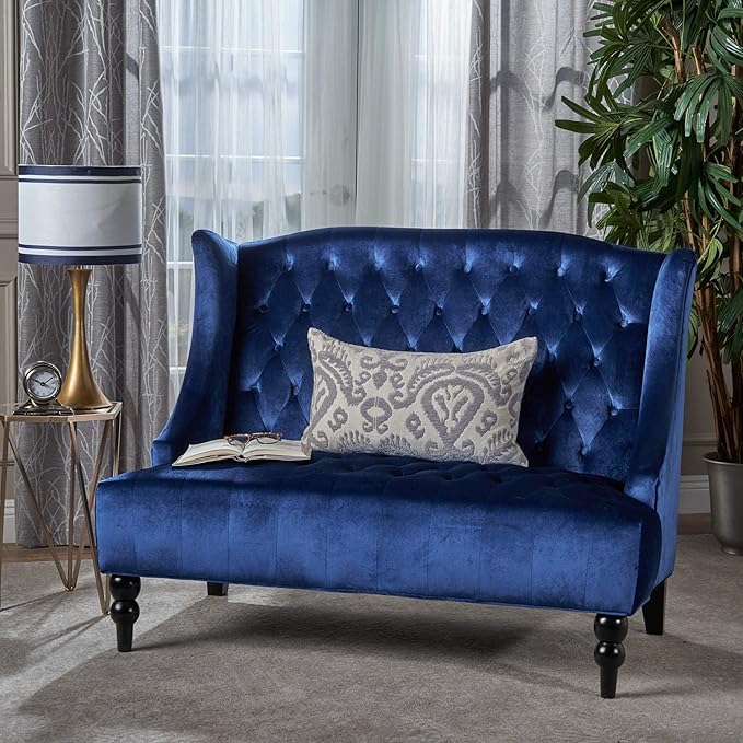 GDFStudio Modern Glam Tufted Velvet Wingback Loveseat Navy Blue and Dark Brown
