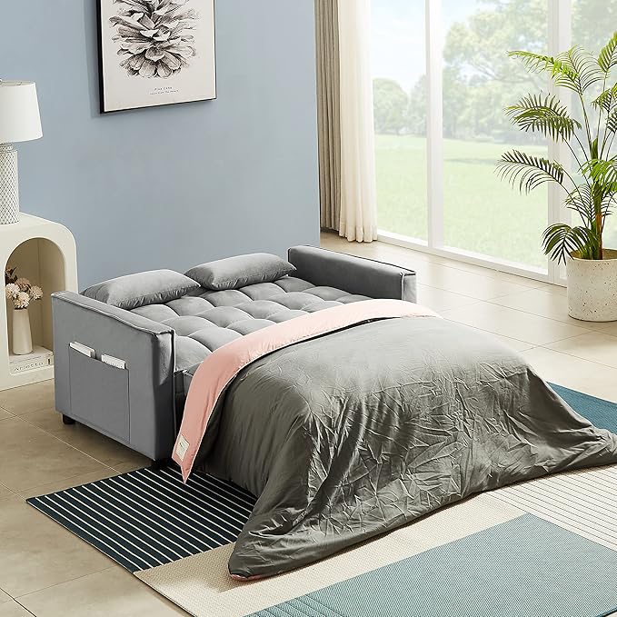 Antetek Convertible Sleeper Sofa Bed 3 in 1 Velvet Loveseat Futon Sofa Couch with Pullout Bed Grey 54