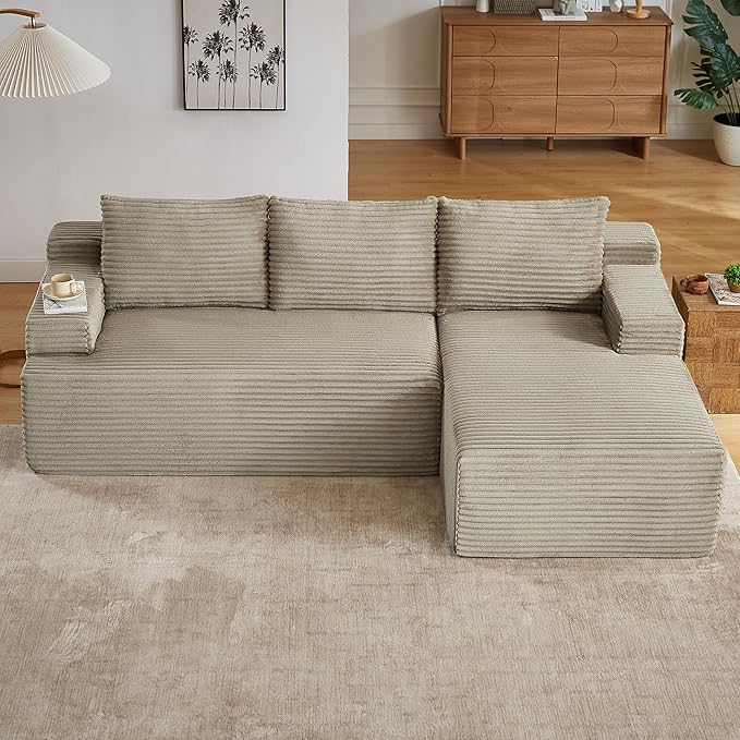 Modern Corduroy Modular Sectional Sofa96.1 Minimalist Style L-Shaped 3 Seat Couch with Side Storage PocketsComfortable Chaise Lounge for Living RoomReception AreaCamel Right Chaise Lounge