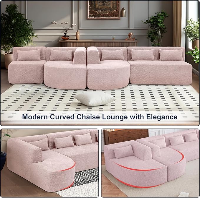 144 Oversized Sectional Couches for Living Room Modern Luxury Chenille 5-Seater Sofa Deep Seat Curved Cloud Couch Modular Sofa with Chaise Lounges &amp 5 Pillows No Assembly Required (Pink)