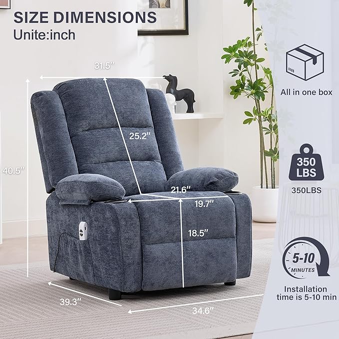 Power Recliner Chair with Cup Holders Electric Recliner Chair for Adults Living Room Reclining Chair Home Theater Seating Lounge Chair (1 Blue)