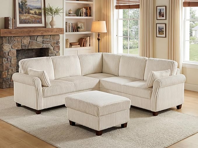 90.6 V-Shaped Modular Sectional Sofa Couch Corduroy Corner Couches with Storage Ottoman 6-Seat Upholstered Oversized Couch Modern Sofa for Living Room Bedroom Apartment Office (Beige)