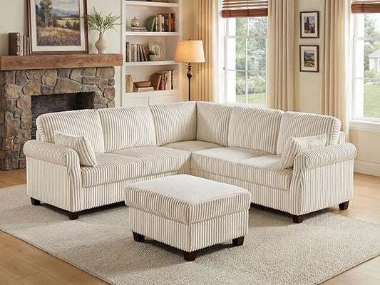 90.6 V-Shaped Modular Sectional Sofa Couch Corduroy Corner Couches with Storage Ottoman 6-Seat Upholstered Oversized Couch Modern Sofa for Living Room Bedroom Apartment Office (Beige)