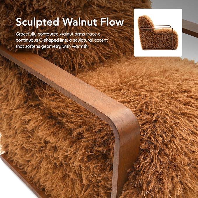 Furniture of America Ramos Modern Lounge Chair with Ultra Soft Faux Fur Long-Haired Accent Sofa Tight Seat and Back Single Couch Fluffy Living Room Seating No Assembly Needed Camel Brown