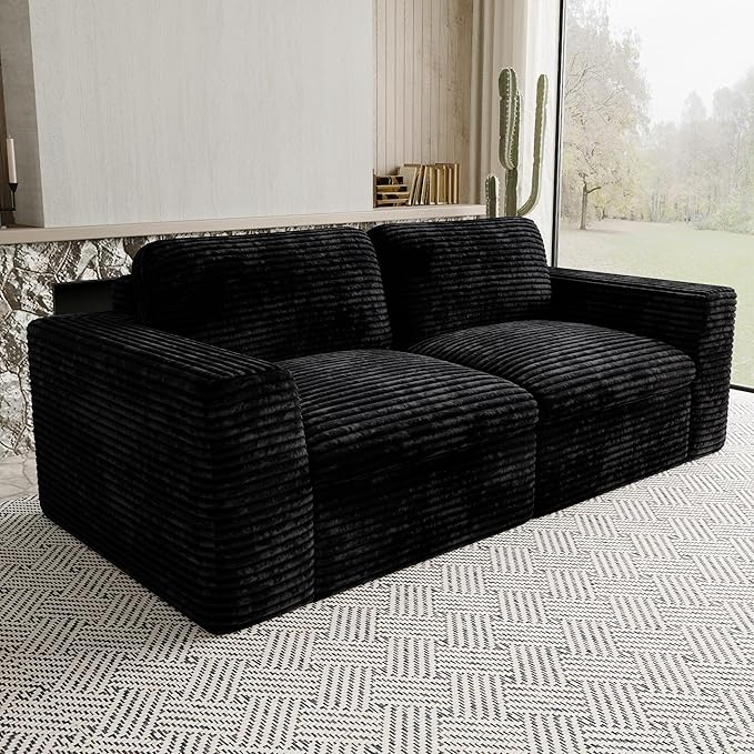 Boneless Loveseat Sofa Plush Corduroy Sectional Couch with Deep Seat Modular Cloud Sectional Couches for Living Room.Black Sofa.