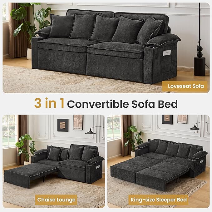 82.7’’ King Size Pull Out Sofa Bed 3 in 1 Convertible Sleeper Sofa Bed with Futon Sofa Black | USB Ports Chenille Loveseat Storage Pocket Pet-Friendly Pull Out Sofa Bed