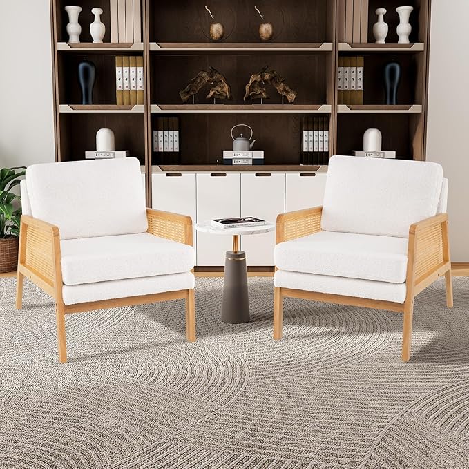 Giantex Mid Century Modern Accent Chair Boho Boucle Living Room Arm Chair w/Rattan Arms Wooden Frame Thick Cushion Pillow Sherpa Reading Side Chair for Bedroom Balcony Natural+Beige
