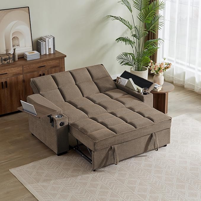 65'' Chaise Lounge Chair Indoor 3-in-1 Convertible Sofa Bed with Pull-Out Design 360° Swivel Side Table Modern Granular Velvet Couch Bed for Living Room Small Space &amp Apartment-Friendly