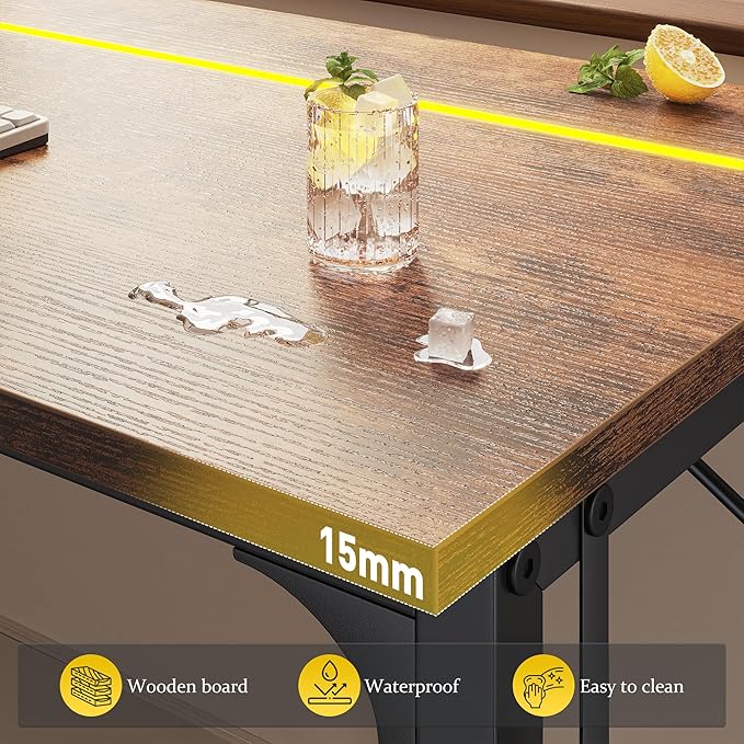 71 Inch Computer Desk with LED Lights Office Desk for Home Office Study Desk Writing Table with Storage Bag Headphone Hook Rustic Brown