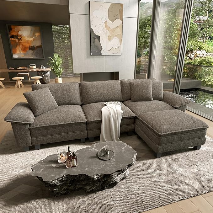 HERA'S HOUSE 124 Modular Sectional Sofa Oversized L Shaped Couches for Living Room Comfy Cloud Couch with Ottoman 4-Seater Deep Seat Sofa with Throw Pillow Chenille Ash