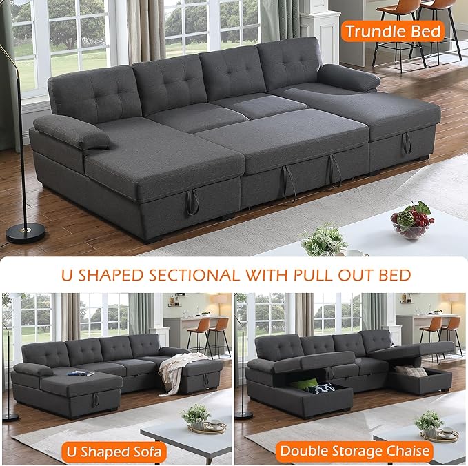 BEEY Sofa Bed 118 Oversized Sleeper Sectional Sofa with Storage Chaise U Shaped Sectional Couch with Pull Out Bed 6 Seater Pull Out Couch Bed for Living Room Bedroom (Dark Grey_4 Seater)