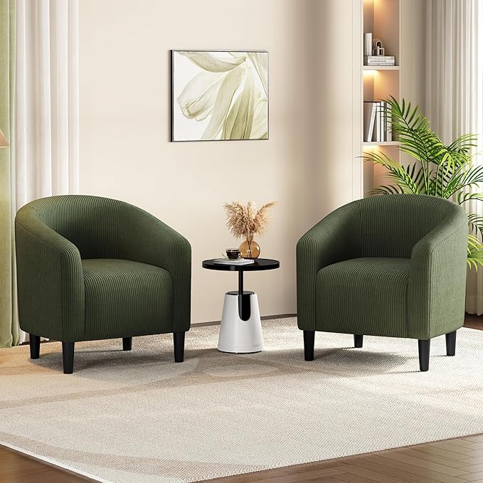 Yaheetech Barrel Chairs Furry Accent Chairs with Soft Padded Armrest for Living Room Bedroom Waiting Room Office Set of 2 Dark Green