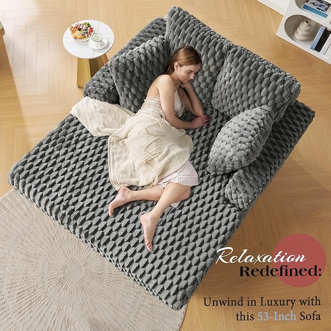 VanAcc 58 Upholstered Chaise Lounge Plush Sleeper Chair Sofa Bed with Throw Pillows &amp Armrests Sleeper for Living Room Ash Grey
