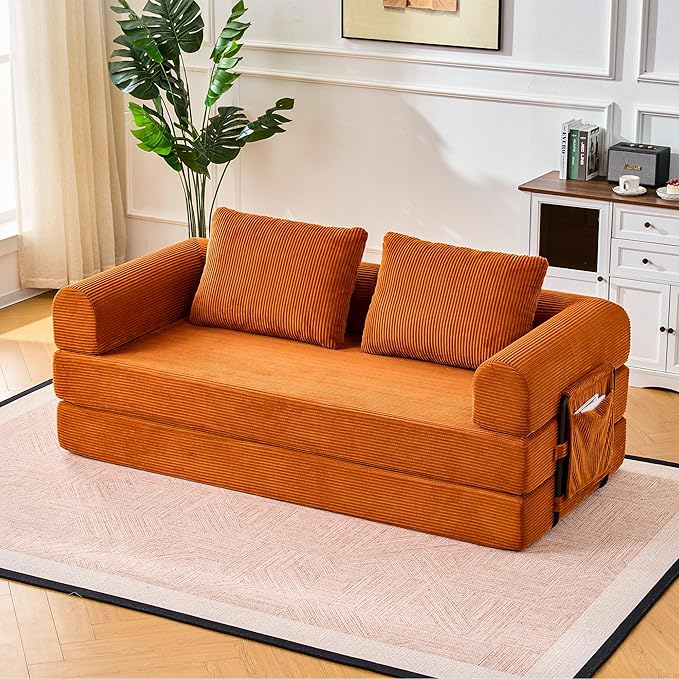 Convertible Sleeper Sofa Bed 78.7 Folding Floor Sofa Mattress Couch with Pillows Corduroy Futon Boneless Couch Lounge Loveseat with Pull Out Bed Orange