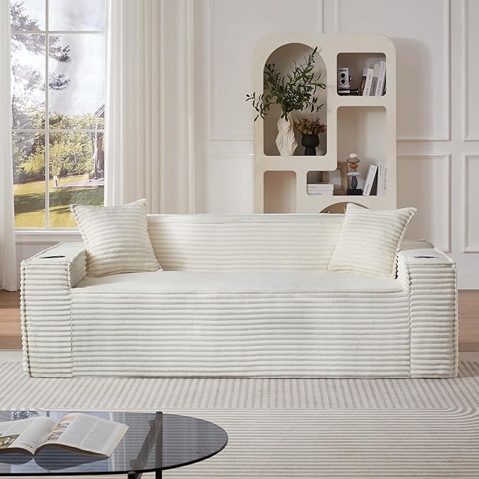 78'' Chenille Modular Loveseat White Boneless Loveseat with 2 Pillows Cloud Couch Love Seats for 2-Seater Upholstered Sectional Sofa for Living Room No Assembly Freely Combinable (80'' White)