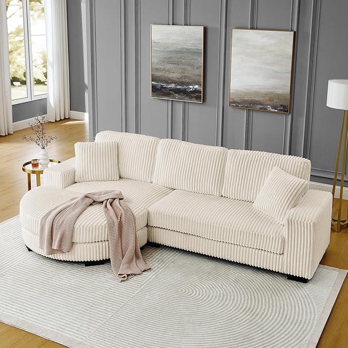 Corduroy Tufted Upholstered Sleeper Sectional Sofa L-Shaped Modular Convertible Sofa The arc-Shaped Footstool can be Placed Freely on The Left and Right (Beige + Foam + 3 Seat)