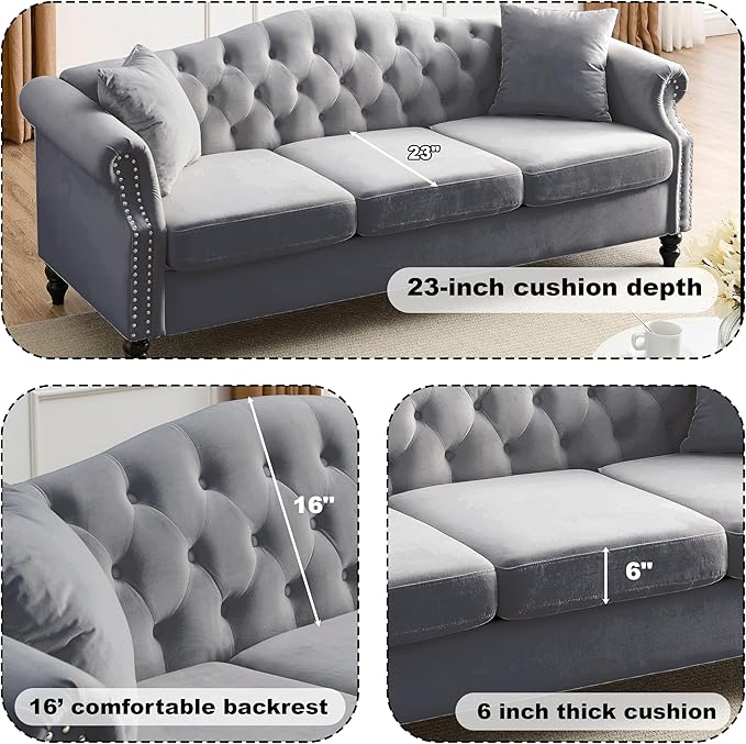 2 Piece Modern Grey Velvet 79 3-Seater and 57 Loveseat Sofa Sets Chesterfield Button Tufted Nailhead Combination Couch with 4 Pillows Trimming Curved Backrest &amp Rolled Arm Sofa for Living Room