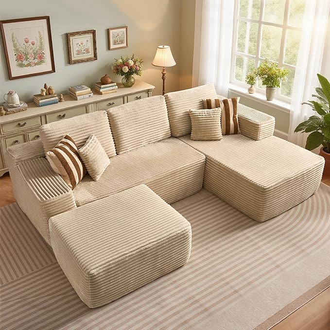 106 Cloud Sectional Couch with L-Shape Chaise &amp Ottoman No Assembly Modular Sofa Deep Seat Plush Corduroy Boneless Couched for Living Room (Beige Plush Corduroy L Shape with Ottoman-Right Faci