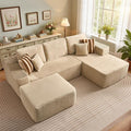 106 Cloud Sectional Couch with L-Shape Chaise &amp Ottoman No Assembly Modular Sofa Deep Seat Plush Corduroy Boneless Couched for Living Room (Beige Plush Corduroy L Shape with Ottoman-Right Faci