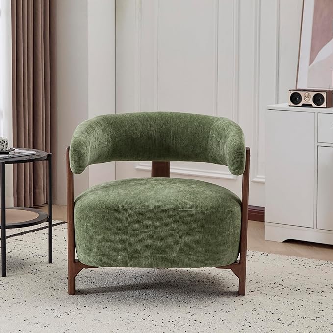 Christopher Knight Home Zax Modern Accent Chair for Living Room Upholstered Lounge Chair Indoor with Wooden Frame Comfy Reading Seating with 3 Legs Design Armchair with Cushion Green + Walnut