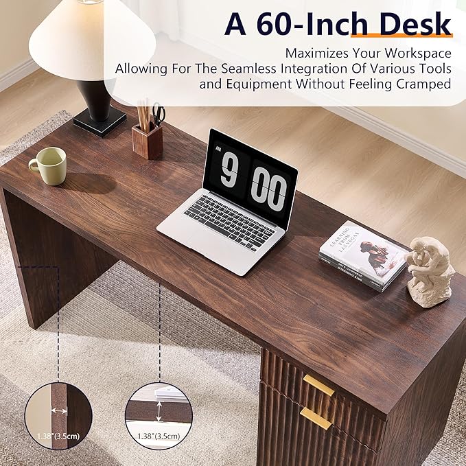 JXQTLINGMU 60 Modern Executive Desk with Storage Wood Home Office Desk with Drawer &amp Cabinet Fluted Computer Writing Desk for Study Living Room Bedroom Dark Walnut