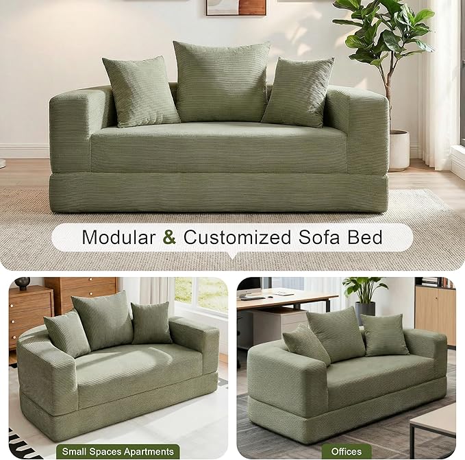 Casaphoria Convertible Folding Sofa Bed - 67 Inch Fold Out Guest Bed with Pillows for Small SpacesApartment Living Room Futon(Green)