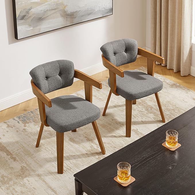 Art Leon Mid Century Modern Dining Chairs - Set of 2 Comfy Fabric Upholstered Dining Chairs Home Office Chair No Wheels Accent Arm Chair with Wood Legs for Kitchen Living Room Bedroom Gray/Walnut