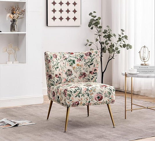 Thia Armless Accent Chair for Living Room Elegant Seat with Nailhead Trim Gold Metal Legs and Comfortable Curved Back 28 D x 25 W x 29.5 H 03 Floral Print