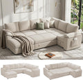 108 Inch Sectional Sleeper Sofa Bed with Pull Out Couch U Shaped 7 Seat Cloud Modular Sectional Sofa with Storage Corduroy Sectional Couches for Living Room Removable Sofa Cover Beige