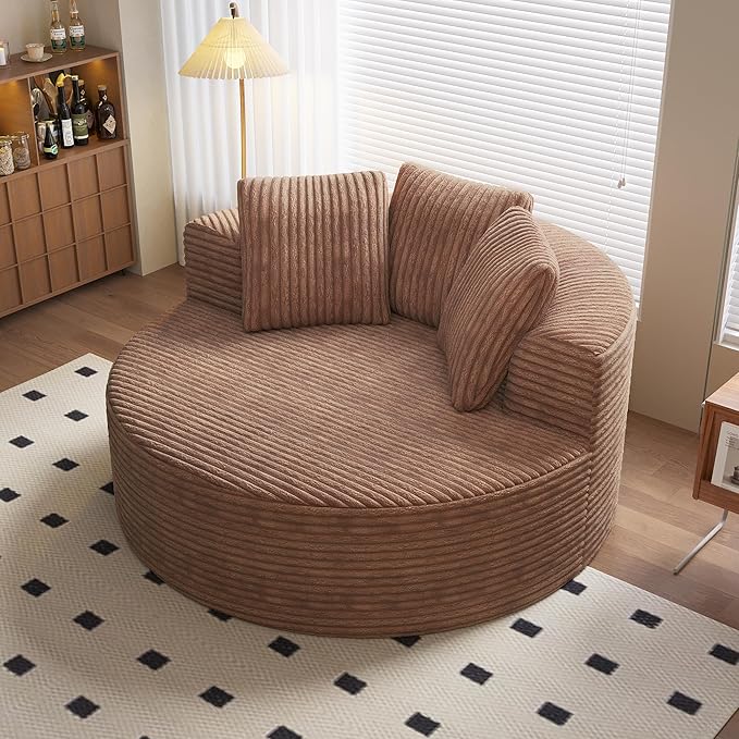 Oversized Round Chaise Lounge Chair Indoor 50'' Corduroy Single Floor Sofa Chairs Circle Deep Seat Sleeper Chair Modern Upholstered Boneless Sofa for Living Room Bedroom Apartment Brown