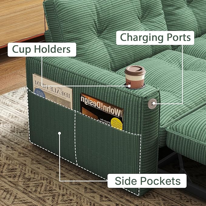 Rovibek 73.2 Convertible Sofa Bed Pull Out Couch with USB Charging Port &amp Cup Holders Adjustable Backrest Side Pockets Modern Corduroy Sleeper Sofa for Living Room Bedroom Apartment Green