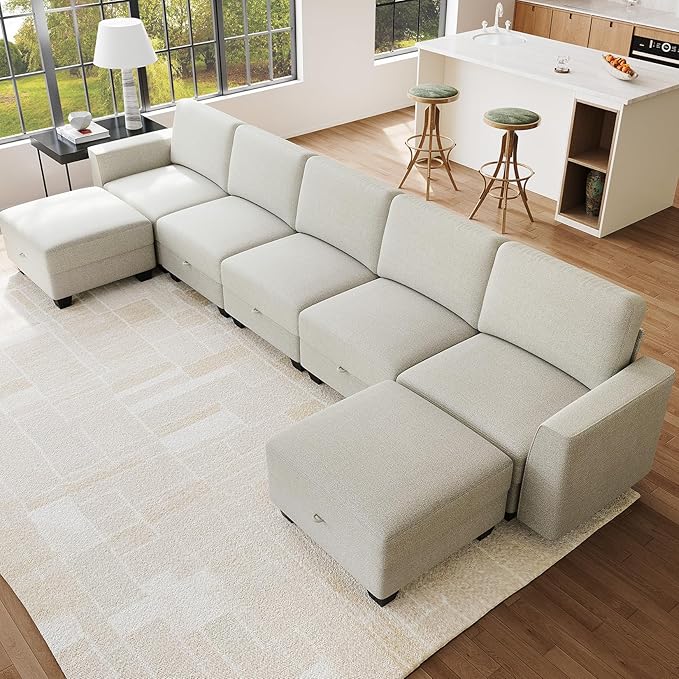 140 Large u Shaped Couch Oversized Modular Sectional Sofa with Storage Ottoman 7-Seater Comfy Combination Sofa Deep Seat Couches for Living Room Beige