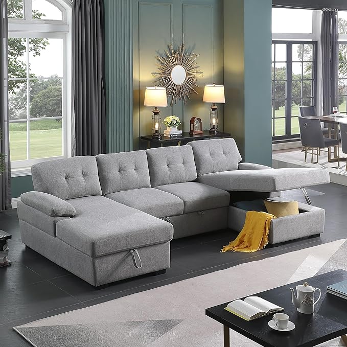 BEEY Sofa Bed 118 Oversized Sleeper Sectional Sofa with Storage Chaise U Shaped Sectional Couch with Pull Out Bed 6 Seater Pull Out Couch Bed for Living Room Bedroom (Light Grey_4 Seater)