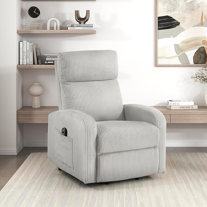 Lexicon Power Lift Recliner Chair for Elderly with Remote Control Gentle Lift Motion Side Pocket Armrest Corduroy Upholstered Electric Recliner for Living Room/Bedroom Easy Assembly Light Gray