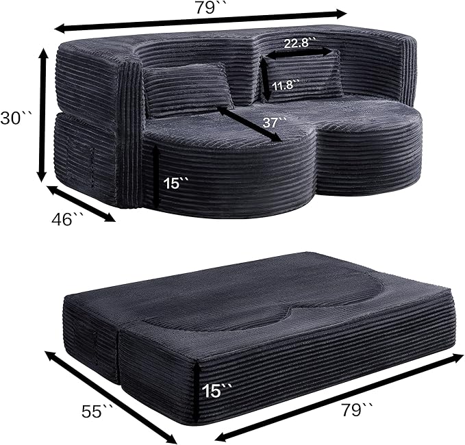 KEIKI 79 Convertible Floor Sofa Bed Fold ‌Teddy Sleeper Cloud Couch with Storage &amp Deep Seat Comfy Upholstery Curved Boneless Futon Couches 2-in-1 Sofas for Living Room Bedroom No Assembly G