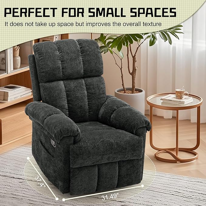 Recliner Chair Swivel Rocker Recliner Chair for Adults Small Recliners for Small Spaces Upholstered Manual Recliner with Side Pockets Nursery Rocking Chair for Living Room Chenille Black