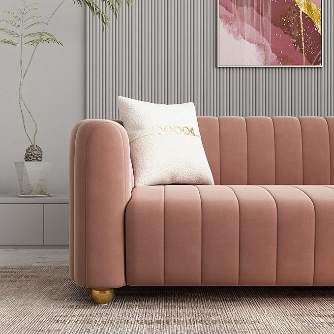 Modern Pink Velvet Couch for Living Room 83.46 Curved Sofa with Gold Metal Sphere Legs 3 Seater Upholstered Cute Couch (Pink)