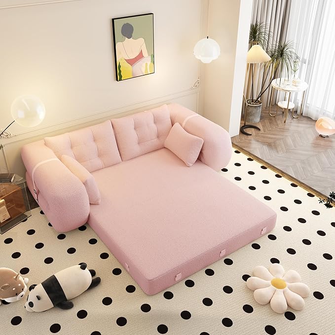 KEIKI 78.7 Foldable Human Dog Bed – 3-in-1 Multi-Functional Sofa Bed Foam-Filled Teddy Fabric Sleeper for Living Room Guest Room or Playroom – Pink