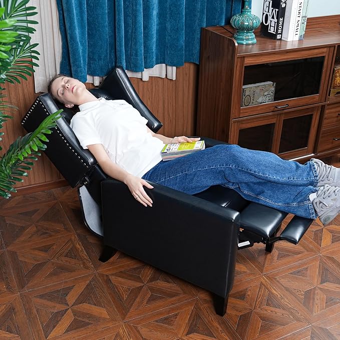 CONSDAN Recliner Chair Leather Recliner Sofa with Soft High-Resilience Cushion Living Room Chair with Button Tufting and Nailhead Trim Black
