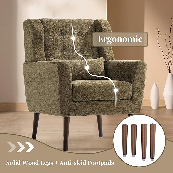 Mid Century Modern Accent Chair Plush Chenille Fabric Sturdy Wood Legs Armchair for Living Room Bedroom Office Olive Green