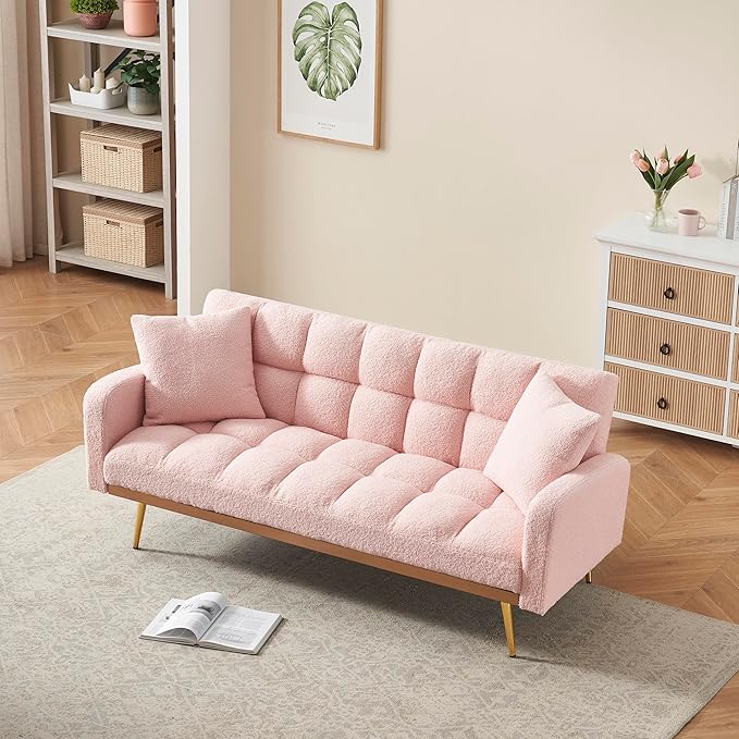 69-inch Convertible Sofa Bed with Two Throw Pillows Suitable for Living Room Bedrooms Offices Pink