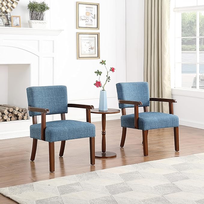 HMFULE 24.25'' Mid Century Accent Chair Set of 2 with Round Wood Table Modern Fabric Arm Chair for Living Room Bedroom Reading Room(Blue)