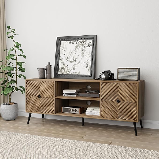 Smuxee Walnut TV Stand with Fluted Diamond Doors 55.12 Mid Century Modern TV Media Console for TVs up to 65 TV Cabinet with Adjustable Shelf &amp 2 Cabinets for Living Room
